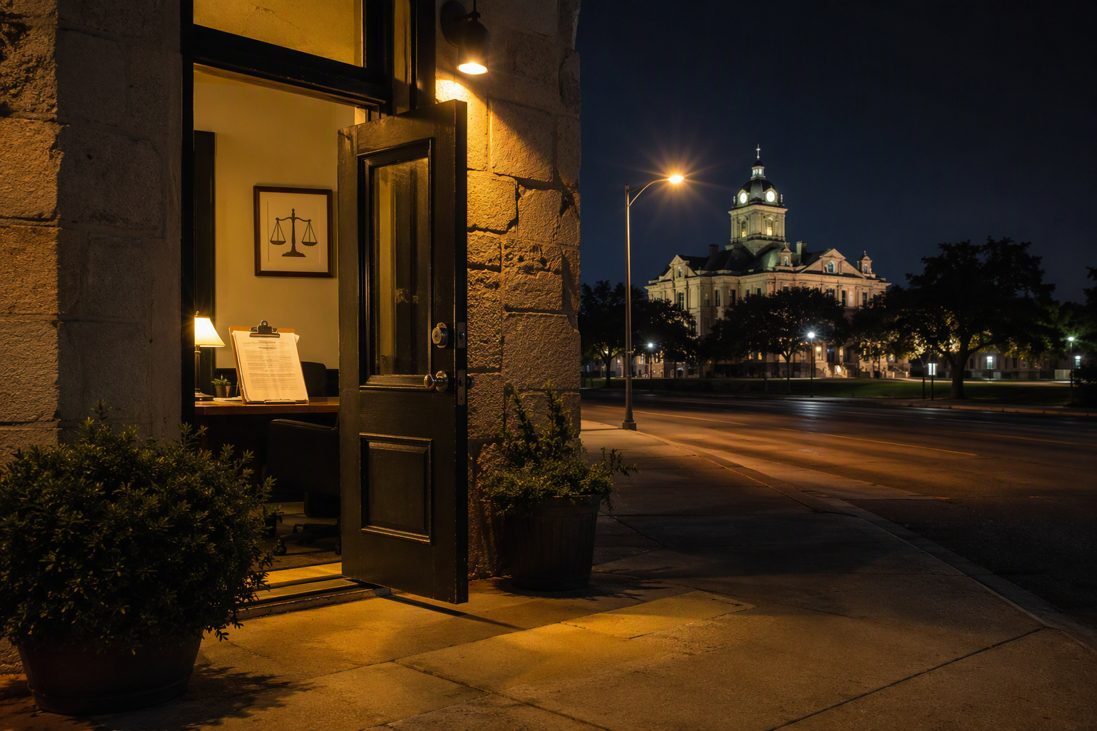Lit bail bond office entrance at night with bond paperwork inside
