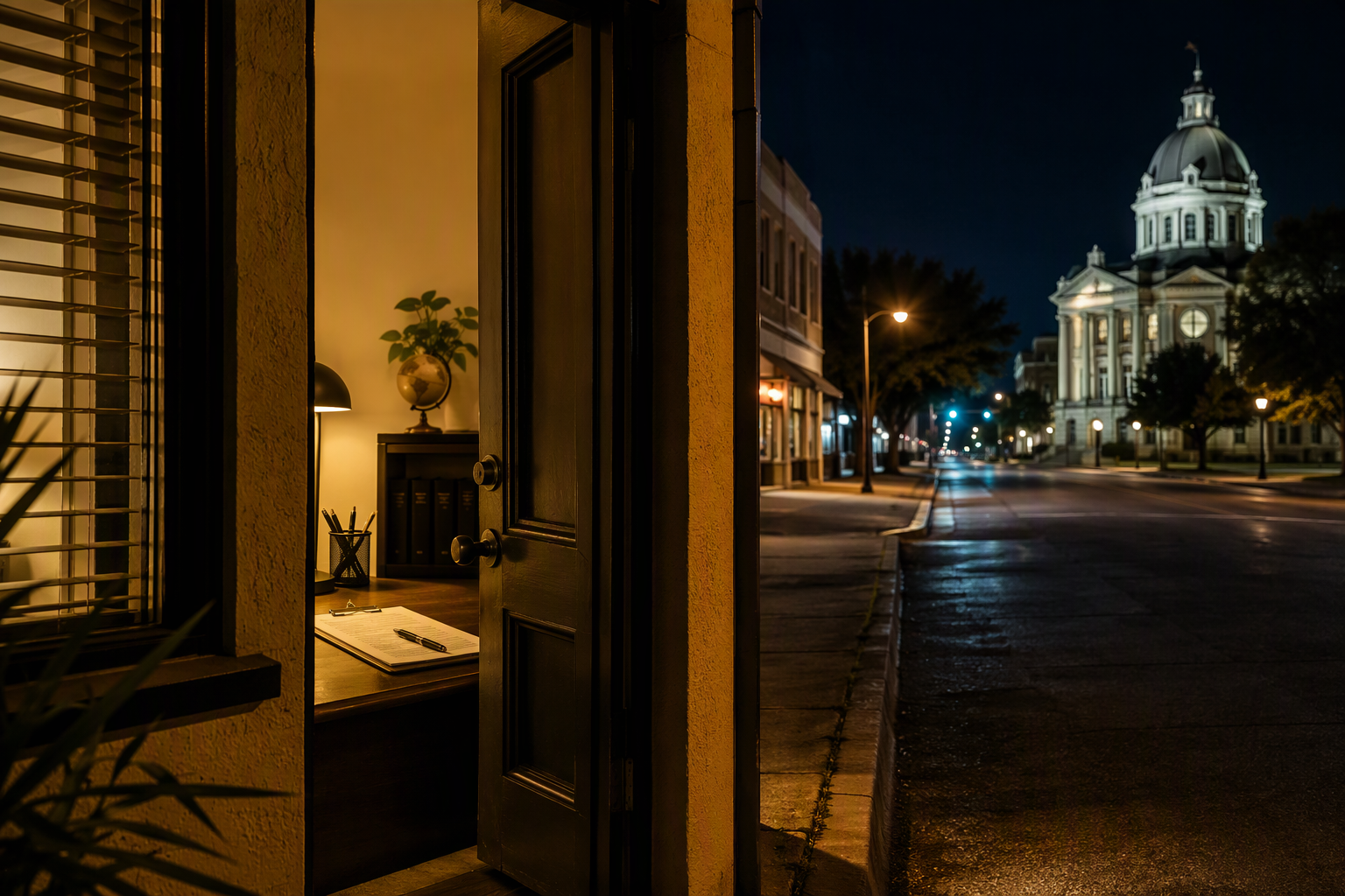 Lit bail bond office doorway at night in San Marcos