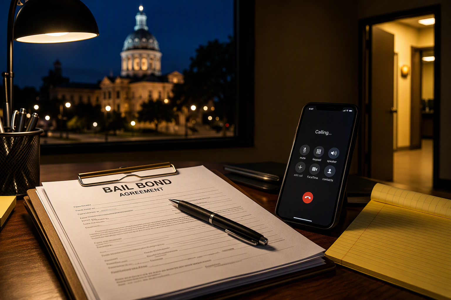 Bail bond paperwork and pen beside a phone at night