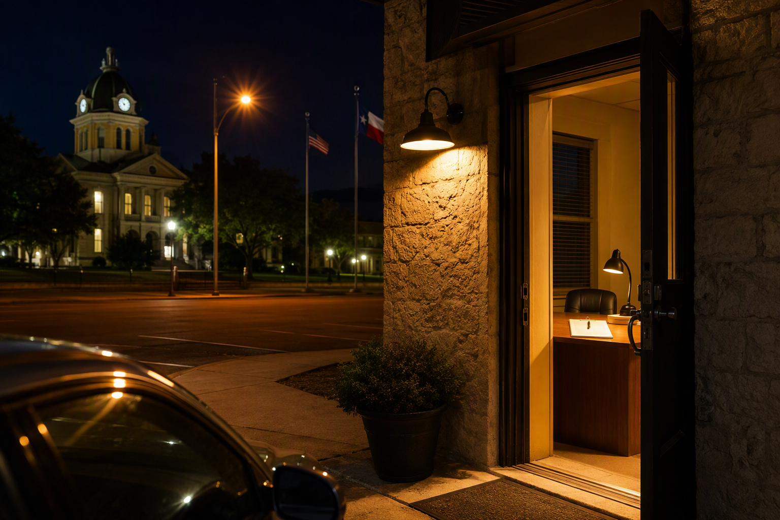 Lit bail bond office doorway at night in San Marcos